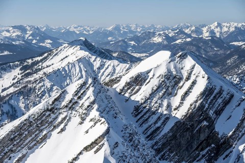 Berge im Winter, Blick auf Vorderlahner Kopf vom Sonntagshorn, Chiemgauer Alpen, Bayern,