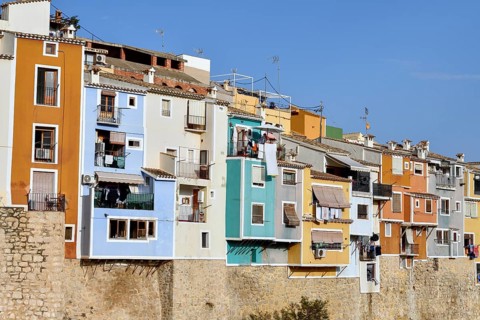 Colourful house facades, La Vila Joiosa, Villajoiosa, Costa Blanca, Valencian Country, Spain,