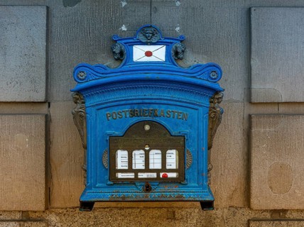 Historic blue letterbox, Potsdam Main Post Office, Brandenburg, Germany, Europe