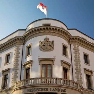 Hessian parliament with state flag in the former Nassau city palace, state capital Wiesbaden,