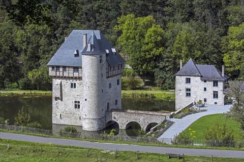 13th century Château des Carondelet, medieval moated donjon in the village Crupet, Assesse,