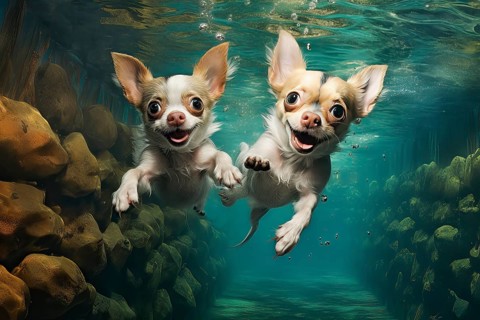 Two Chihuahuas diving in a river, AI Generated