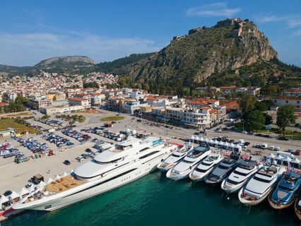 Aerial view, Mediterranean yacht show, harbour, old town and Palamidi fortress, Nafplio, Nauplia,