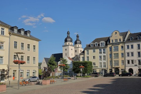 Old Market with Towers of St. John's Church, Plauen, Vogtland, Saxony, Germany, Europe