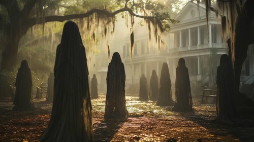 Eerie haunting ghostly silhouetted female figures walking in front of a foggy southern plantation