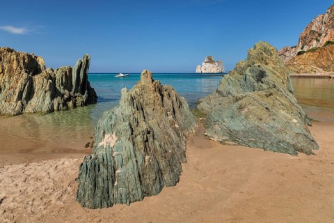 Masua Beach, with Pan di Zucchero, Nebida, Iglesiente, Province of Sud Sardegna, Sardinia, Italy,