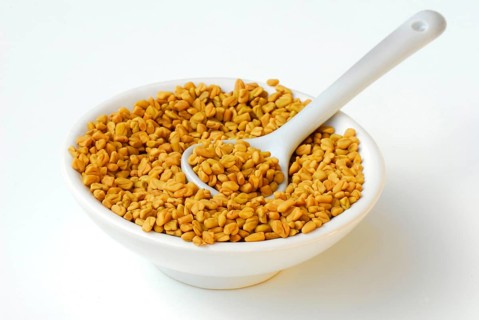 Fenugreek-Seeds (Trigonella foenum-graecum) in shell, fenugreek seeds, spoon