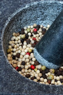 Various peppercorns in mortar, pepper, peppercorns, mortar, pestle