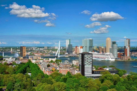 ROTTERDAM, NETHERLANDS, MAY 14, 2017: View of Rotterdam city and the Erasmus bridge Erasmusbrug