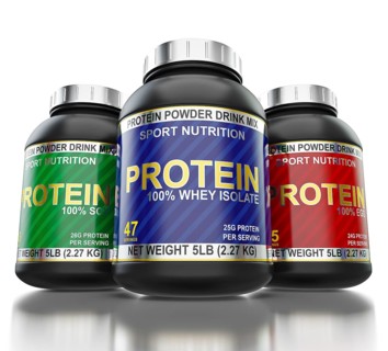 Sport nutrition and bodybuilding fitness supplements concept, whey isolate, soy and egg protein
