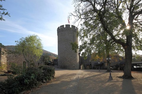 Tower of Auerbach Castle Ruin in backlight near Bensheim, Bergstrasse, Hesse, Germany, Europe