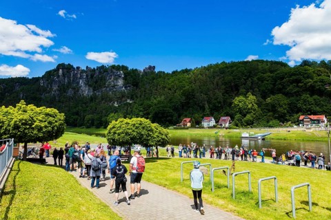 Rathen in Saxon Switzerland, queue for the ferry across the Elbe River