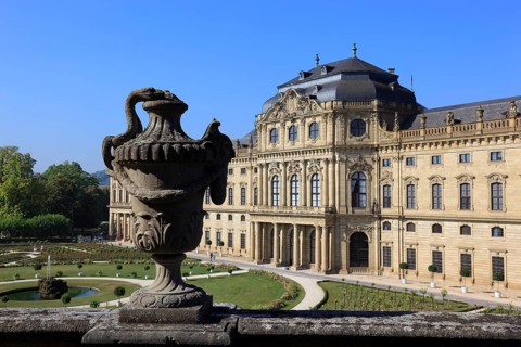 The Würzburg Residenz, putti on the bastion, park side, UNESCO World Heritage Site, Würzburg, Lower