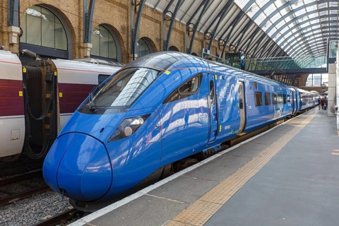 FirstGroup's Lumo train at King's Cross station in London, Great Britain