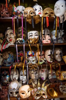 Handmade Venetian masks in a shop of a manufactory, Venice, Veneto, Italy, Europe