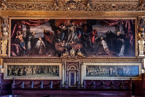 Sala del Collegio, Ornate ceiling, Fresco and ceiling painting, Interior view, Doge's Palace,