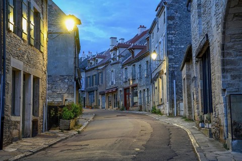 Old town alley, blue hour, Vézelay, Yonne department, Bourgogne-Franche-Comté region, Burgundy,