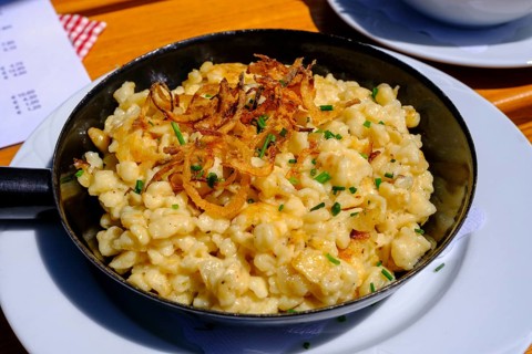 Cheese spaetzle, food, at the Graukogel Hut, Swiss Pine Trail at the Graukogel, Bad Gastein,