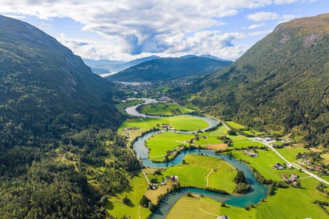 Meandering river Stryneelva, Stryn, Norway, Europe