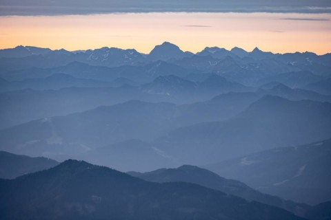 Evening mood, silhouettes, dramatic mountain landscape, view from Hochkönig, Salzburger Land,
