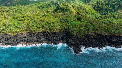 Aerial of the volcanic south coast, Taveuni, Fiji, South Pacific, Oceania