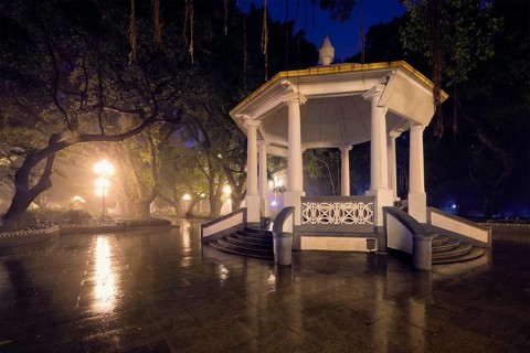 Guangzhou People's Park with mist fog at night. Guangzhou, China, Asia