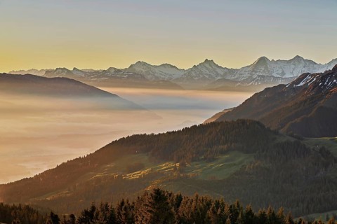 View from the Gurnigel Pass over the sea of fog behind Schreckhorn, Eiger, Mönch, Canton Bern,