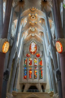 Interior view of the Familia Sagrada by the architect Antonio Gaudi in Barcelona, Spain, Europe