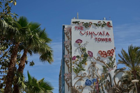 Ushuaia Tower of the Ushuaia Beach Club, Playa d'en Bossa, Ibiza, Balearic Islands, Spain, Europe