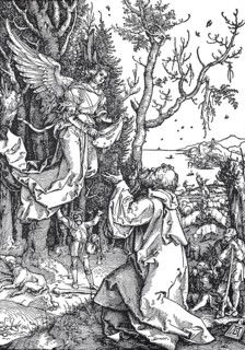 Picture cycle From the Life of the Virgin, the Angel Brings the Message to Joachim, woodcut by