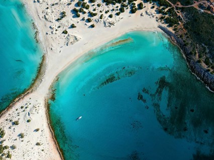 Drone shot, double bay of Simos beach, Sarakiniko beach, Elafonisos, Deer Island, Laconia,