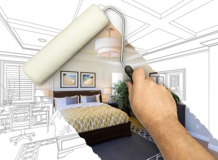 Before and after of man painting roller to reveal newly remodeled master bedroom under pencil