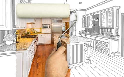 Before and after of man painting roller to reveal custom kitchen photograph under pencil sketch