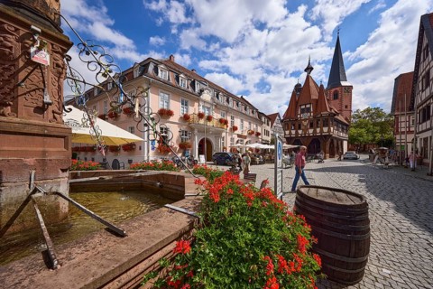 Market square with market fountain and geraniums, historic town hall and buildings under a blue sky