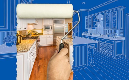Before and after of man painting roller to reveal custom kitchen photograph under blueprint sketch