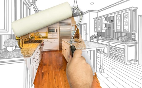 Before and after of man painting roller to reveal custom kitchen photograph under pencil sketch