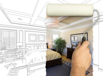 Before and after of man painting roller to reveal newly remodeled master bedroom under pencil