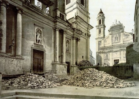 Church and rubble after earthquake, San Remo, Riviera, Italy, c. 1895, Historic, digitally restored