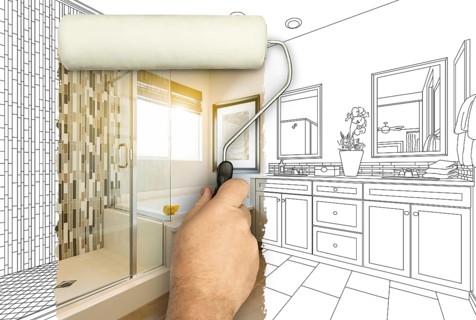 Before and after of man painting roller to reveal newly remodeled master bathroom under pencil