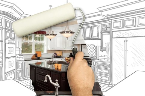 Before and after of man painting roller to reveal custom kitchen photograph under pencil sketch