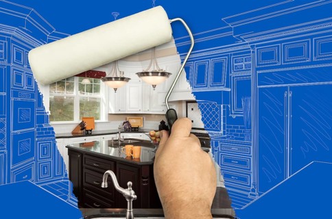 Before and after of man painting roller to reveal custom kitchen photograph under blueprint sketch