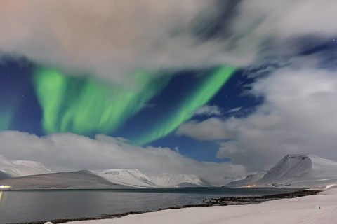 Northern Lights over fjord landscape, Aurora borealis, snow, winter, mountains, Thingeyri,