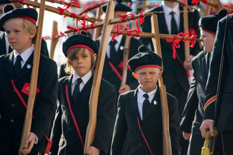 Bergen, Norway, May 2015: kids and teenagers during Christian religious cross procession in Bergen,