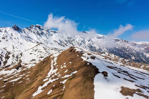 Panoramic view from the Seiser Alm to the Dolomites in Italy, drone shot