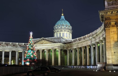 Kazan Cathedral and Christmas tree at night in St. Petersburg Russia