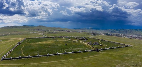 Aerial panorama view of the Kharkhorin Erdene Zuu Monastery .in Kharkhorin (Karakorum), Mongolia.