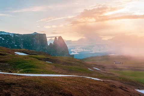 Panoramic view of Mount Sciliar from Alpe di Siusi in the Dolomites in South Tyrol, Italy, Europe