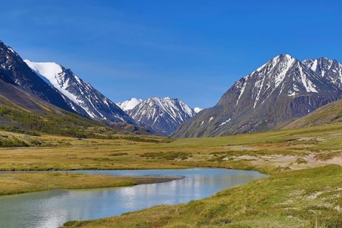 Mountain landscape with river in Altay, Russia, Europe