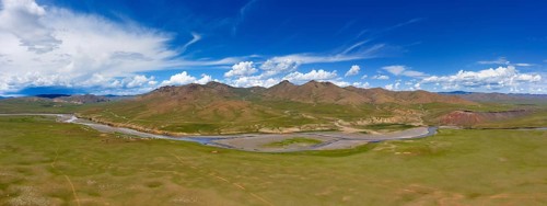 Aerial panorama view of steppe and mountains landscape in Orkhon valley, Mongolia, Asia