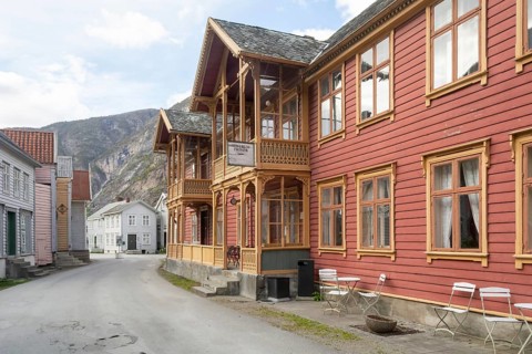 Laerdal, Sogn og Fjordane, Norway, May 2015: street scene with typical and historical houses of